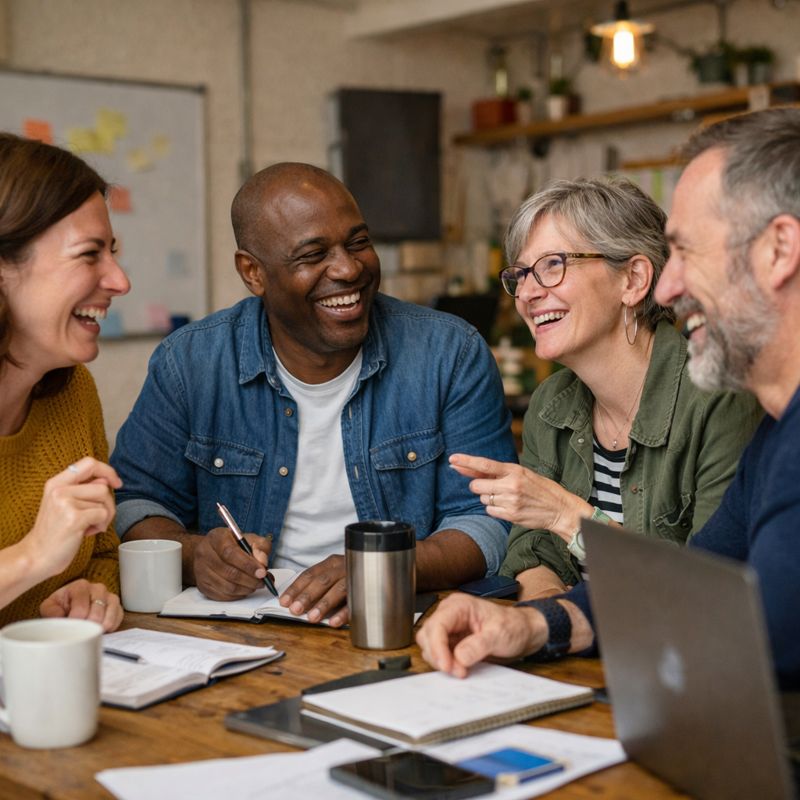 Four people sitting around a table smiling and laughing together