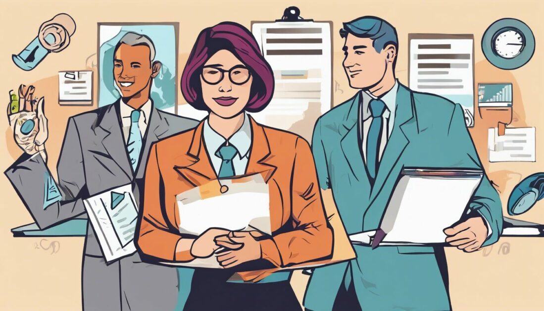 Career change graphic showing a woman and two men in a work setting.