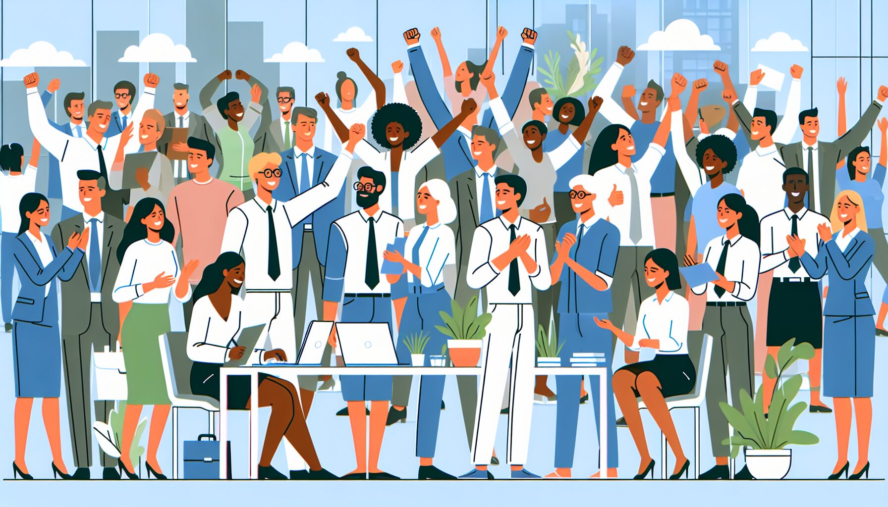 Modern illustration showing a group of happy people in a work environment and demonstrating the importance of employee retention