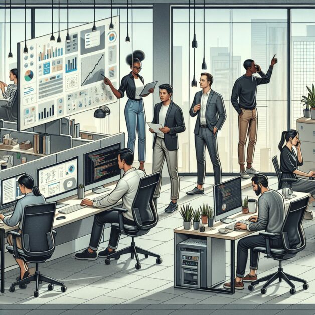 A vibrant, modern illustration of diverse office employees engaged in collaborative work, showcasing a dynamic workspace filled with transferable skil