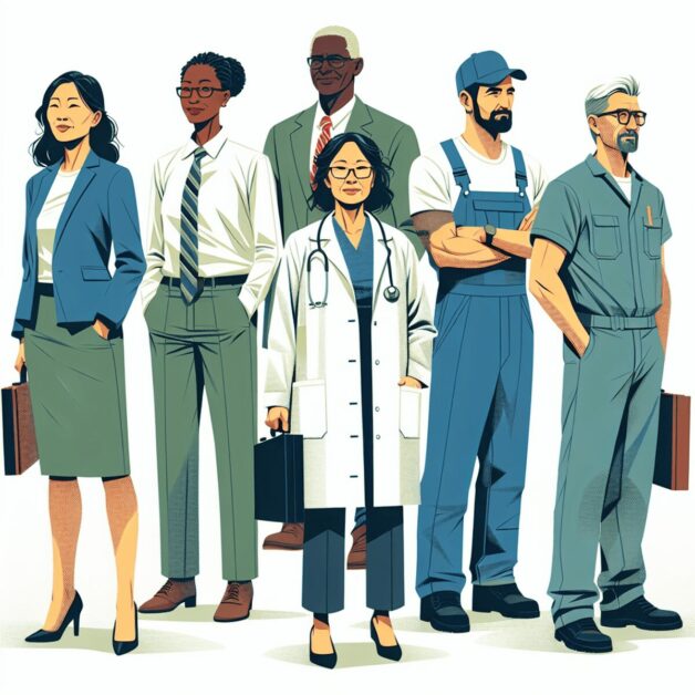 Illustration to demonstrate the phenomenon of career change at 50, depicting 6 middle-aged people in various work attire, including uniforms and other dress.  