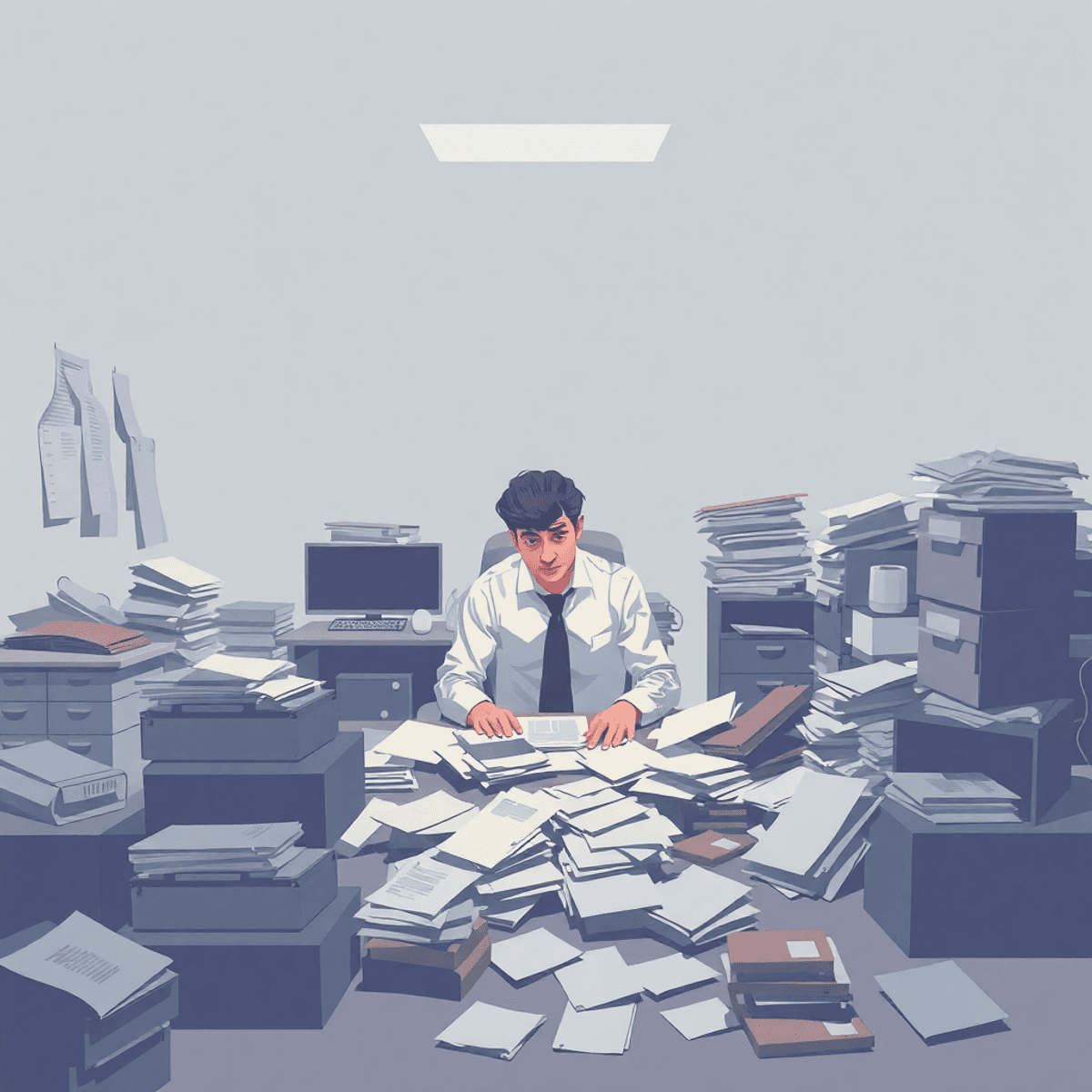 A chaotic office environment filled with scattered papers, overflowing coffee cups, and an overworked employee who hates his job buried in a mounta...