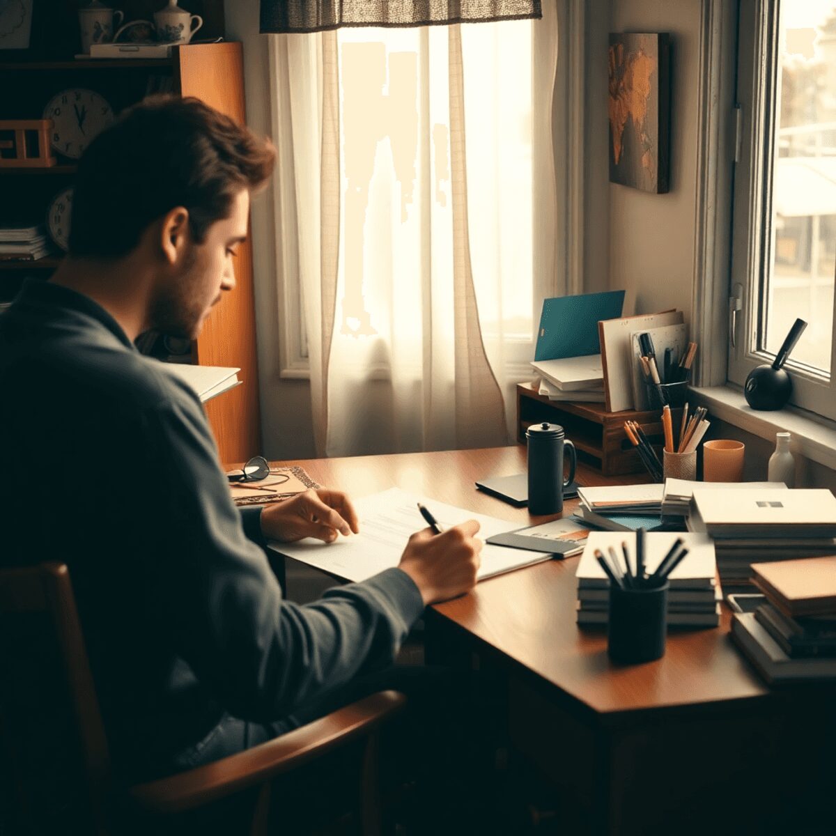 A focused individual seated at a modern desk, intently crafting their profile summary in their CV on a laptop, surrounded by notes, realistic style.