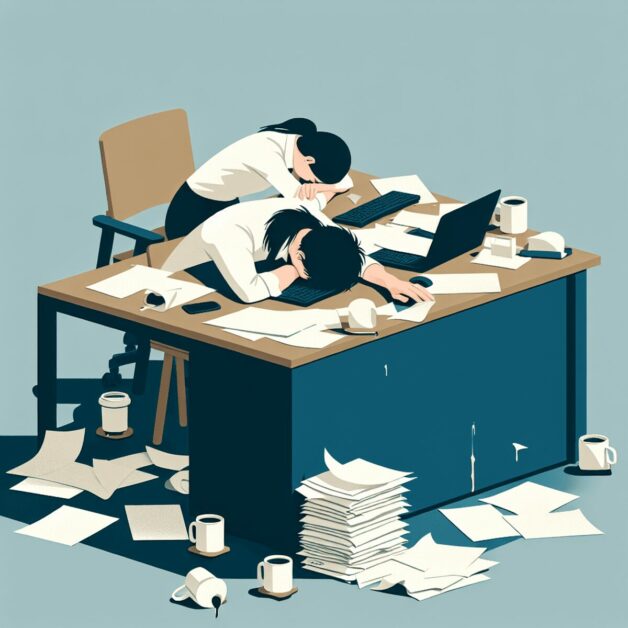 A group of exhausted office workers slumped over their desks, surrounded by scattered paperwork and empty coffee cups, conveying a sense of burnout an